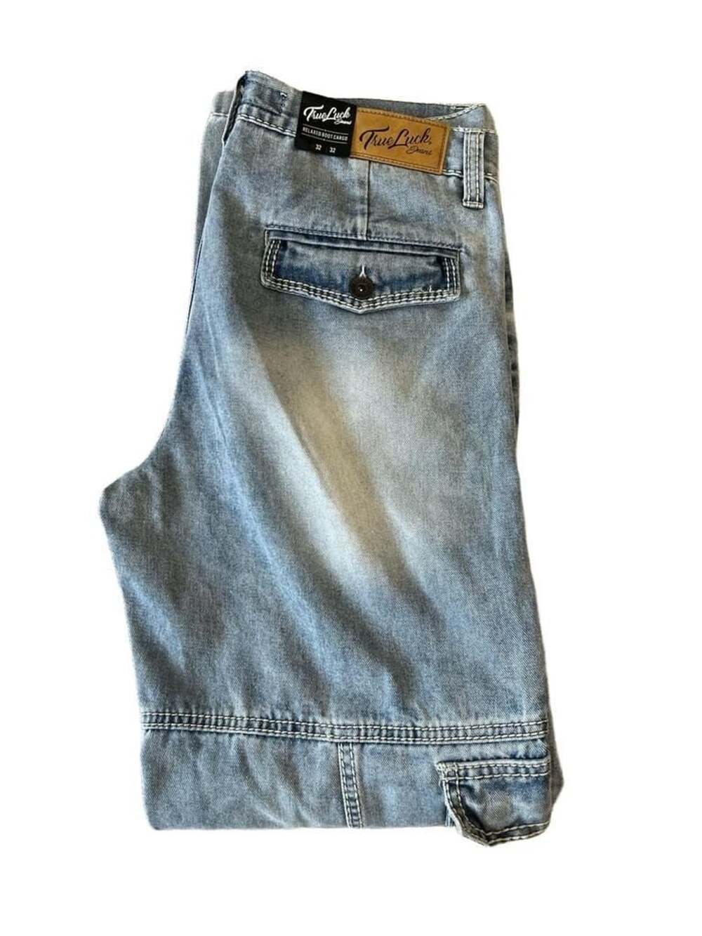 True Luck Men's Relaxed Bootcut Cargo Jeans W32 L32 Light Wash New